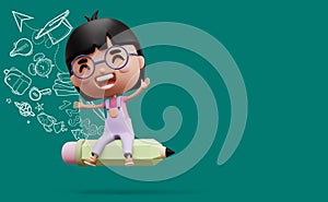 Happy child with pancil, cute girl cartoon character, 3d rendering