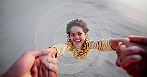 Happy child, parent and swing at beach for game, play and holding hands in POV support, fun or excited. Face of african