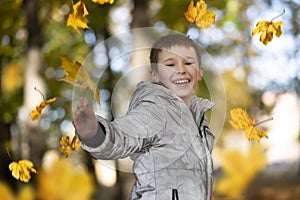 Happy child in the park outdoors, scatters leaves