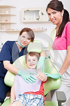 Happy child patient at dentist showing like