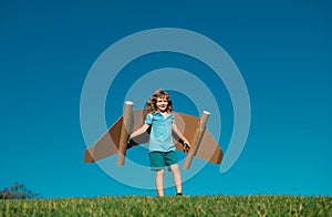 Happy child playing in park. Kid having fun with toy paper wings. Little boy in dreaming of becoming a pilot. Funny kid