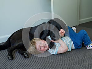 Happy child playing with pet dog