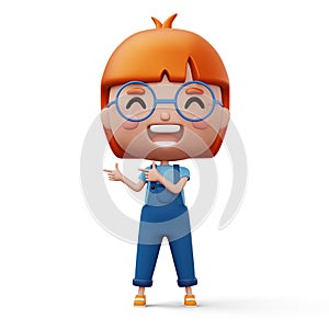 Happy child pointing fingers, cute girl cartoon character, 3d rendering