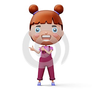 Happy child pointing fingers, cute girl cartoon character, 3d rendering