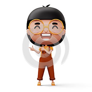 Happy child pointing fingers, cute girl cartoon character, 3d rendering