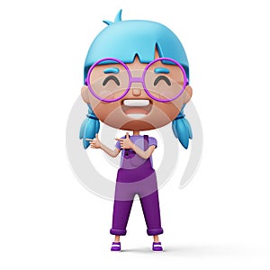 Happy child pointing fingers, cute girl cartoon character, 3d rendering