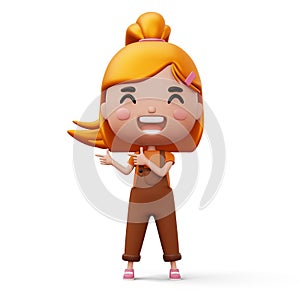 Happy child pointing fingers, cute girl cartoon character, 3d rendering