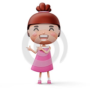 Happy child pointing fingers, cute girl cartoon character, 3d rendering