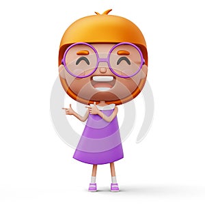 Happy child pointing fingers, cute girl cartoon character, 3d rendering