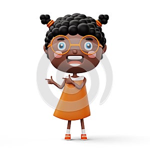 Happy child pointing fingers, cute girl cartoon character, 3d rendering