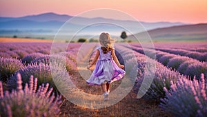 Happy child walking in lavender field at sunset