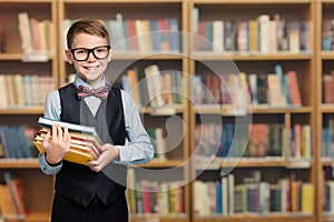 Happy Child in School Library Holding Books, Well Dressed Pupil Boy Portrait, Smiling Kid in Glasses