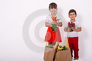 Happy child and shopping cart. Kids buying food at grocery store or supermarket. Children with vegetables, bread, milk and other p