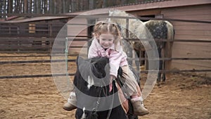 Happy child is sitting on pony. Rider horse inside farm hug her pet. Girl laughs