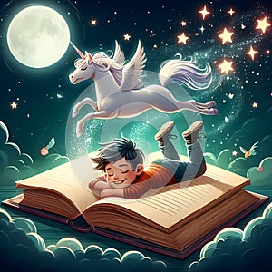Happy child sleeping fantasy book stars sky unicorn illustration