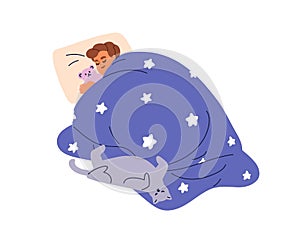 Happy child sleeping, lying under blanket. Cute kid relaxing, dreaming with bear toy and cat pet. Boy asleep on soft