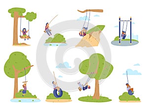 Happy child on swing. Set of vector flat illustrations of children on swing outdoors isolated on white background.