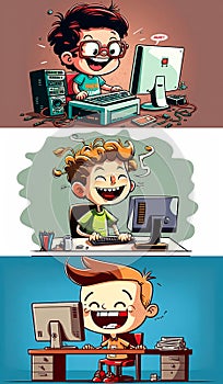 Happy Child using computer in 3 Cartoon Banner set for  Kid coding concept, Generative AI