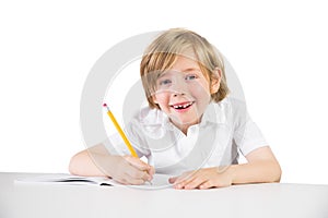 Happy child writing down homework