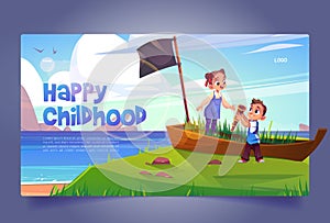 Happy childhood banner with kids play in pirates