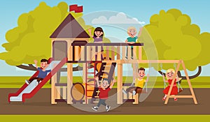 Happy childhood. Children play on the playground. Vector illustration