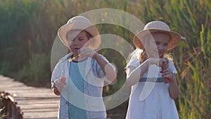 Happy childhood, cute child boy and girl blow bubbles in nature in sunny light