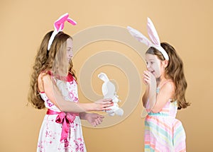 Happy childhood. Easter day. Easter activities for children. Happy easter. Holiday bunny girls with long bunny ears