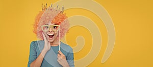 happy childhood. girls birthday party. happy funny kid in curly wig and crown. Funny teenager child in wig, party poster