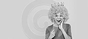 happy childhood. girls birthday party. happy funny kid in curly wig and crown. Funny teenager child in wig, party poster