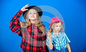 Happy childhood. Kids fashion concept. Check out our fashion style. Fashion trend. Girls kids wear fashionable hats