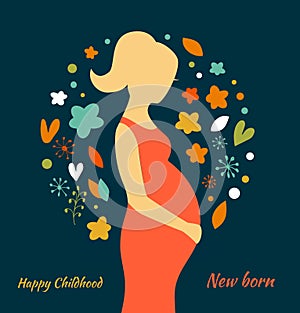 Happy childhood. New born. Cute banner with pregnant woman silhouette.