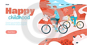 Happy childhood website with family cycling in park, flat vector illustration.