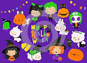 Happy Childish Collection with Cute Halloween Elements and Kids