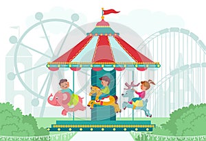 Happy children in amusement park. Happy kids on round carousel. Different animals. Roundabout elephant. Funny deer and