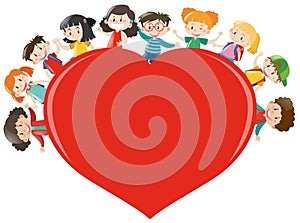 Happy children around red heart
