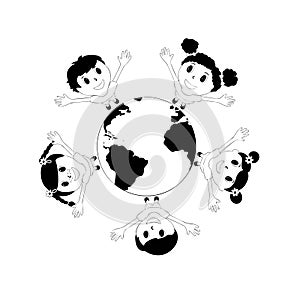 Happy children around the world illustration . International Children`s Day. Linear design photo