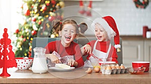 Happy children bake christmas cookies