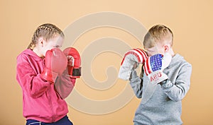 Happy children in boxing gloves. Fitness diet. energy health. punching knockout. activity. Sport success. Friendship