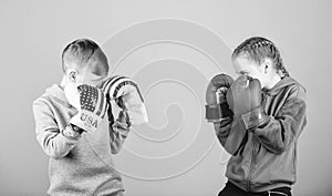 Happy children in boxing gloves. Fitness diet. energy health. punching knockout. activity. Sport success. Friendship