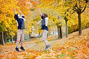 Happy children, boy brothers, playing in the park, throwing leaves