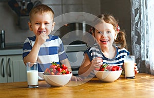 Happy children brother and sister eating strawberries with milk