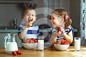 Happy children brother and sister eating strawberries with milk photo