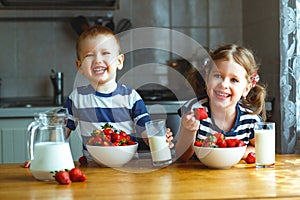 Happy children brother and sister eating strawberries with milk