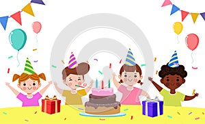 Happy children with cake and gift box with balloons at the Birthday party and group of friends isolated on white background Vector