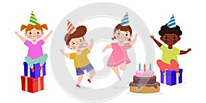 Happy children with cake and gift box at the Birthday party and group of friends isolated on white background Vector Illustration.