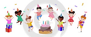 Happy children with cake and gift box at the Birthday party and group of friends isolated on white background Vector Illustration.