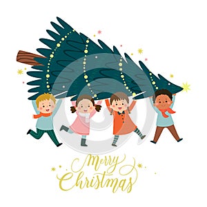 Happy children carrying Christmas pine tree for holiday season. Merry Christmas and Happy New Year card