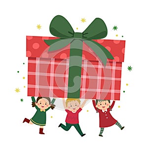 Happy children carrying a large gift box. Merry Christmas and Happy New Year card