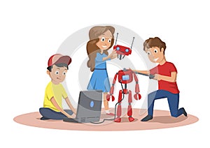 Happy children creating and programming a robot. Children`s club of robotics. Cartoon vector illustration isolated on