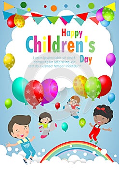 Happy children day background, children`s day poster with happy kids Template for advertising brochure your text ,Vector